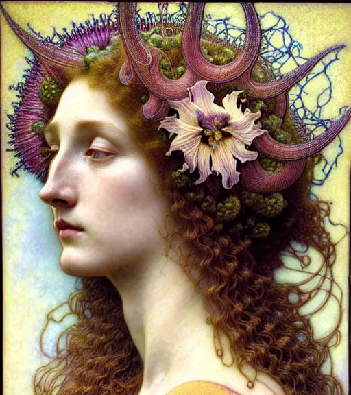 Image similar to beautiful young flower queen detailed realistic porcelain face portrait by jean delville, gustave dore, iris van herpen and alphonse mucha, art forms of nature by ernst haeckel, art nouveau, symbolist, visionary, gothic, neo - gothic, pre - raphaelite, fractal lace, intricate alien botanicals, surreality, hyperdetailed ultrasharp octane render