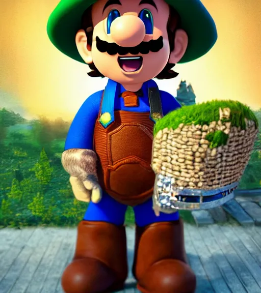 Prompt: an epic fantasy comic book style portrait painting of super mario wearing a green hat, wearing lederhosen and a blue - white checked shirt, drinking beer, tracht, oktoberfest, wiesn, studio ghibli, no red colour, unreal 5, daz, hyperrealistic, octane render, cosplay, rpg portrait, dynamic lighting, intricate detail, harvest fall vibrancy, cinematic