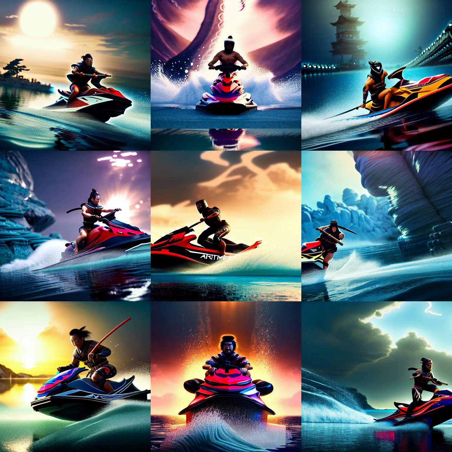 Prompt: a full body painting of a [ samurai riding jetski ], intricate, epic lighting, cinematic composition, hyper realistic, 8 k resolution, unreal engine 5, by artgerm, tooth wu, dan mumford, beeple, wlop, rossdraws, james jean, andrei riabovitchev, artstation