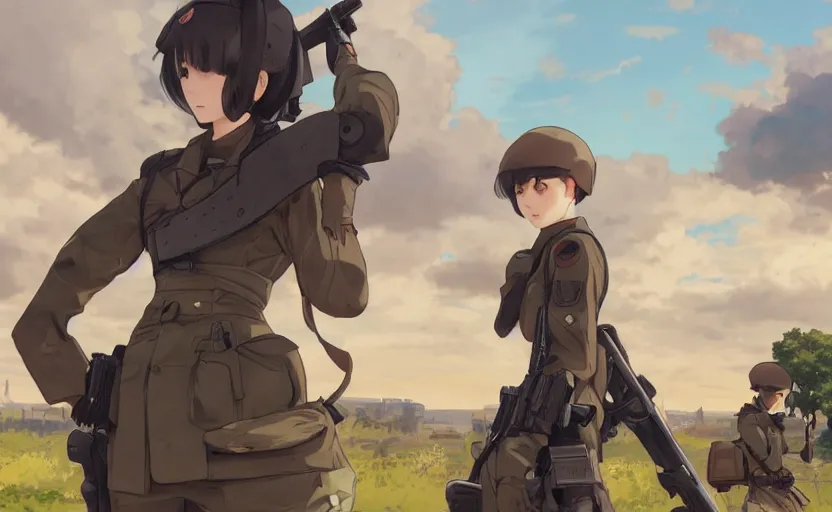 Prompt: panoramic view, girl, soldier clothing, battlefield in background, anime style, short hair, hair down, elegant face shape, symmetrical facial features, from arknights, hyper realistic, 4 k, extreme detail, detailed drawing, trending artstation, safebooru, realistic lighting, by alphonse mucha, greg rutkowski, anime eyes, sharp focus