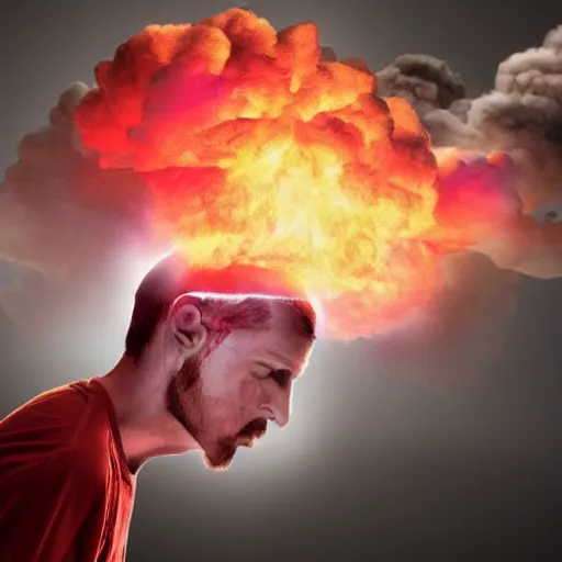 Image similar to hyperreal person with head blown exploding into nuclear cloud very cinematic fine detail, gritty, edgy, dark