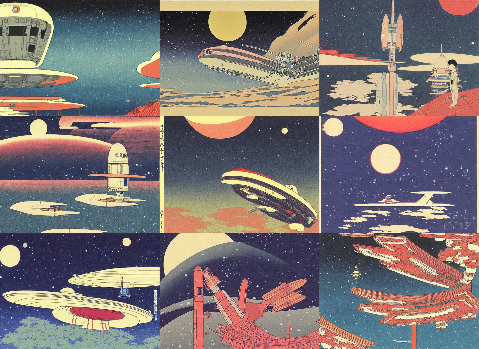 Prompt: a beautiful ukiyo painting of intergalactic spaceship by hasui kawase, takato yomamoto