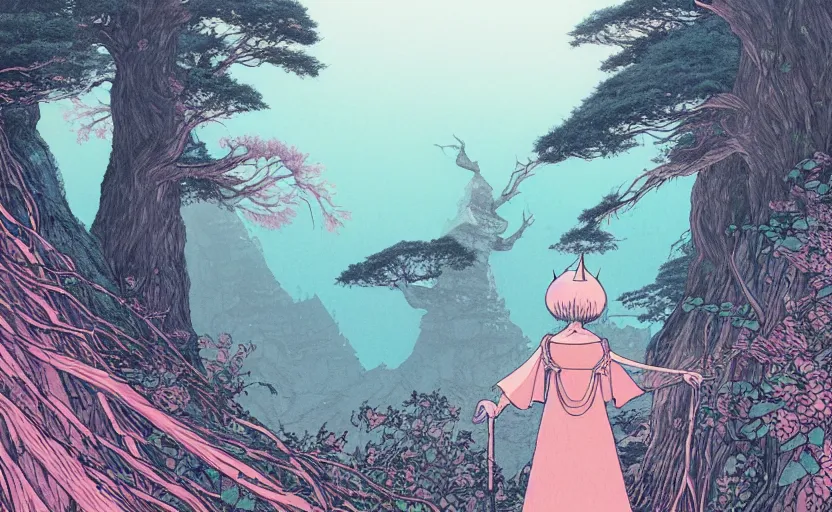 Image similar to a detailed illustration of a witch seen from the back on top of stairs, a magical forest with giant trees, looking at a gigantic face of a rock statue, cool shades of cyan and pink, by ghibli, by akihiko yoshida