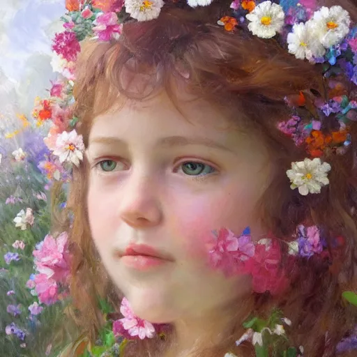 Prompt: a girl wearing a garland of flowers standing in the garden, beautiful, oil painting, artstation, soft light, highly detailed, sharp focus, by sophie anderson