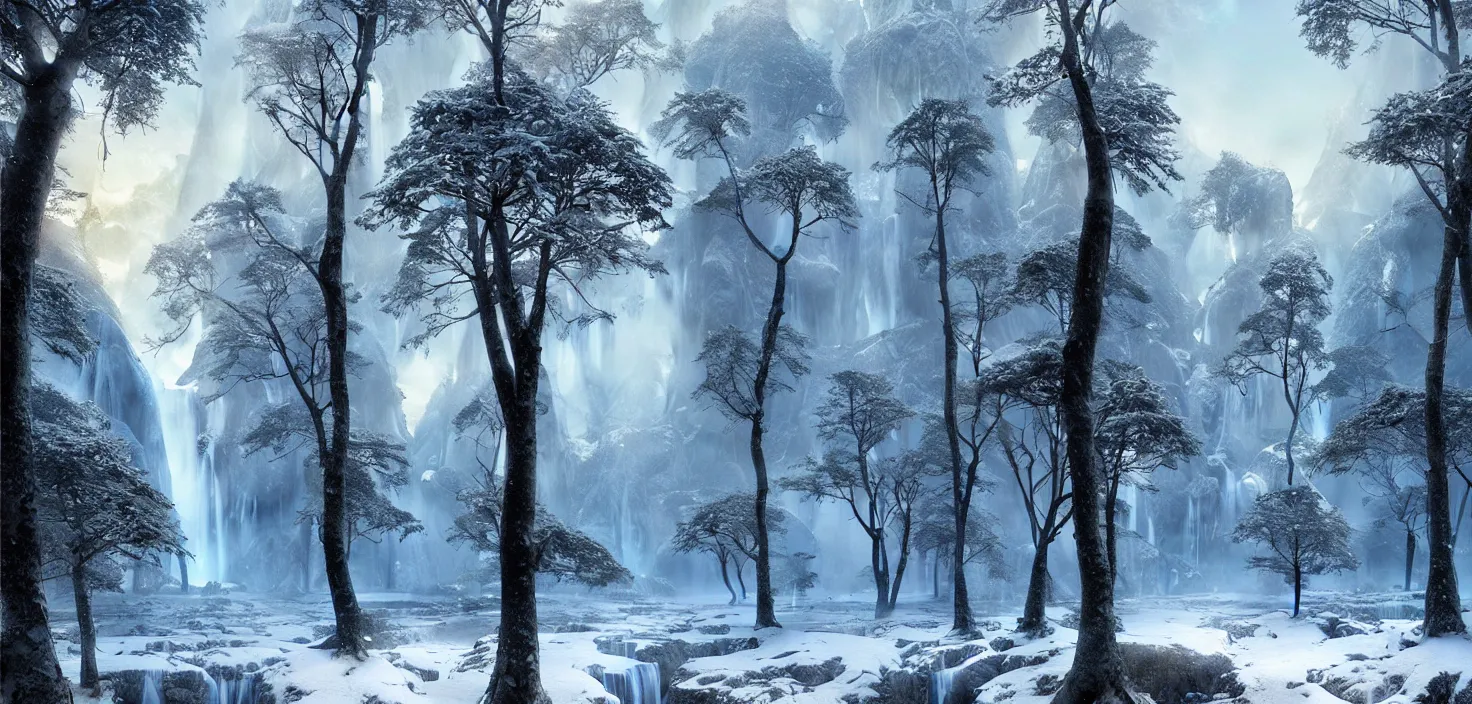 Prompt: the most beautiful panoramic landscape, oil painting, where a giant dreamy waterfall is frozen, the trees around have snow over their leafs, by greg rutkowski