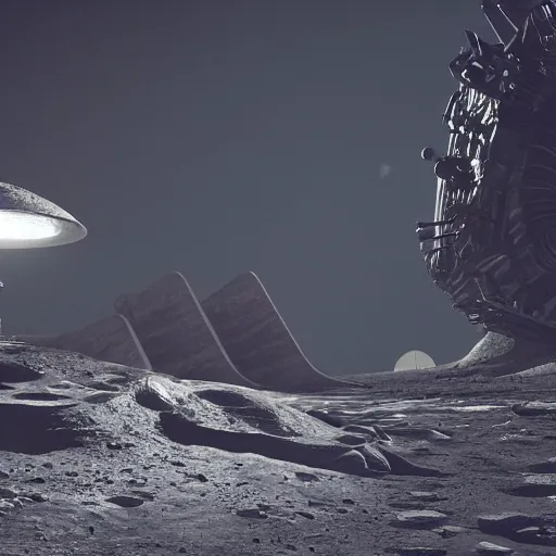 Image similar to alien bases on the moon, dramatic lighting, cinematic, establishing shot, extremly high detail, photorealistic, cinematic lighting, artstation, style by greg rutkowsky