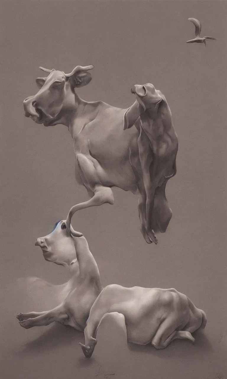 Image similar to Cow sitting in lotus position by Zdzisław Beksiński