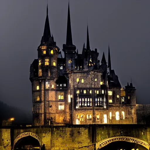 Prompt: futuristic gothic castle made of steel hovering in the air. midnight. mist. energetic. foreboding.