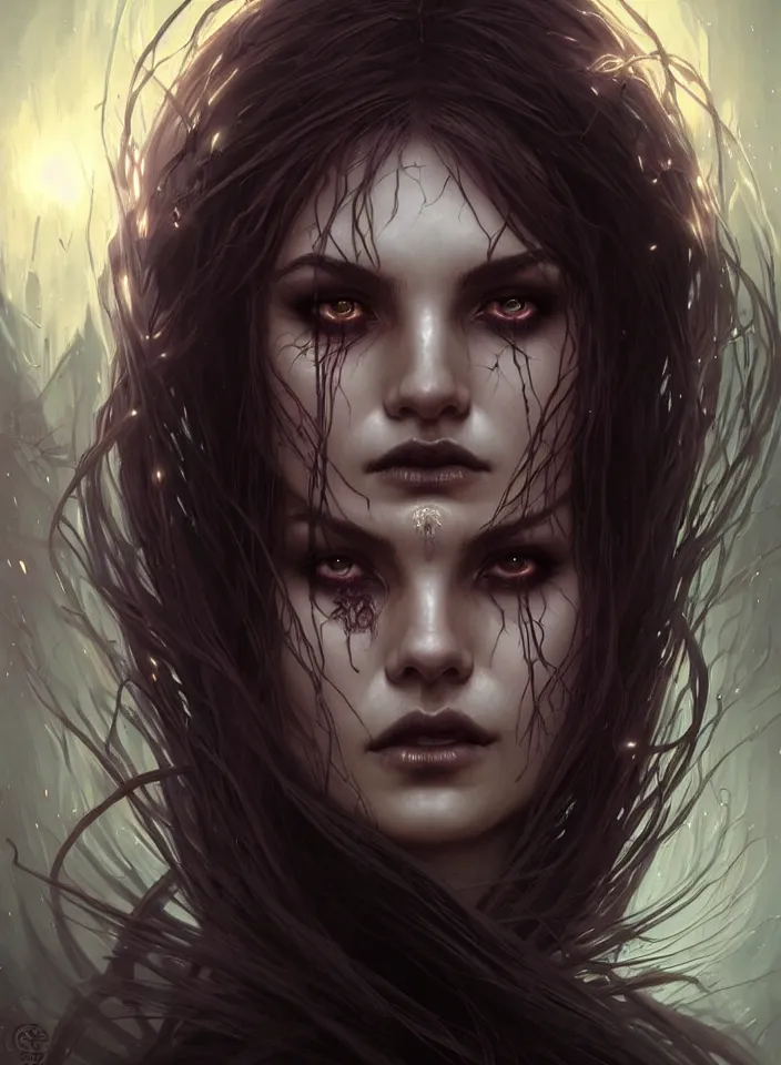 Image similar to Necromancer Sorceress face close-up macro in center, fantasy magic, undercut hairstyle, dark light night, intricate, elegant, sharp focus, illustration, highly detailed, digital painting, concept art, matte, art by WLOP and Artgerm and Greg Rutkowski and Alphonse Mucha, masterpiece