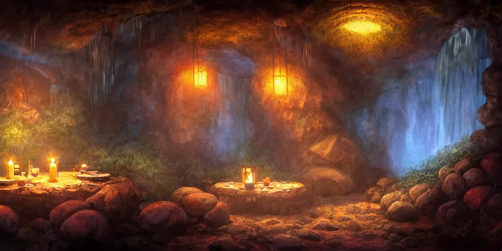 Prompt: detailed interior of cozy hotsprings hidden inside a cave, small waterfalls, lush vegetation, flowers, towels, plates of fruit, candlelight, digital painting, concept art, light shafts, stunning atmosphere, by gerald brom, cinematic lighting