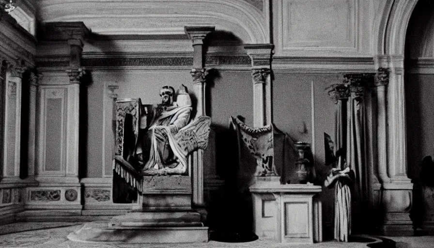 Prompt: movie still by of emperor caligula assassination by senators blood in a neoclassical room, cinestill 8 0 0 t 3 5 mm b & w, high quality, heavy grain, high detail, dramatic light, ultra wide lens, anamorphic