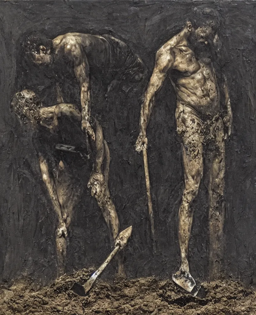 Image similar to a man with a shovel standing digging up a grave with a dead body, by Nicola Samori, painting, 8k, high detail