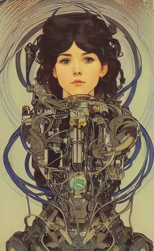 Image similar to upper half portrait of army mecha robot - wires and vines as poster design borders, art by alphonse mucha, highly detailed, digital painting, concept art, illustration, smooth sharp focus, intricate, symmetry, artstation, colourful,