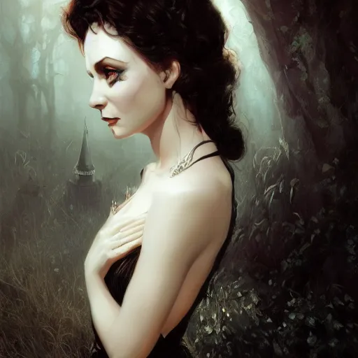 Image similar to closeup portrait of a young and beautiful vivian leigh in gothic clothing, dramatic light, gorgeous view, depth, high detail, digital art, painted by greg rutkowski and seb mckinnon, by tim burton, trending on artstation