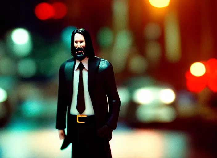 Image similar to cinematic screenshot cinestill portrait of a stop motion claymation film, john wick, in focus, shallow depth of field, 1 8 mm, f 1. 8, sharp details