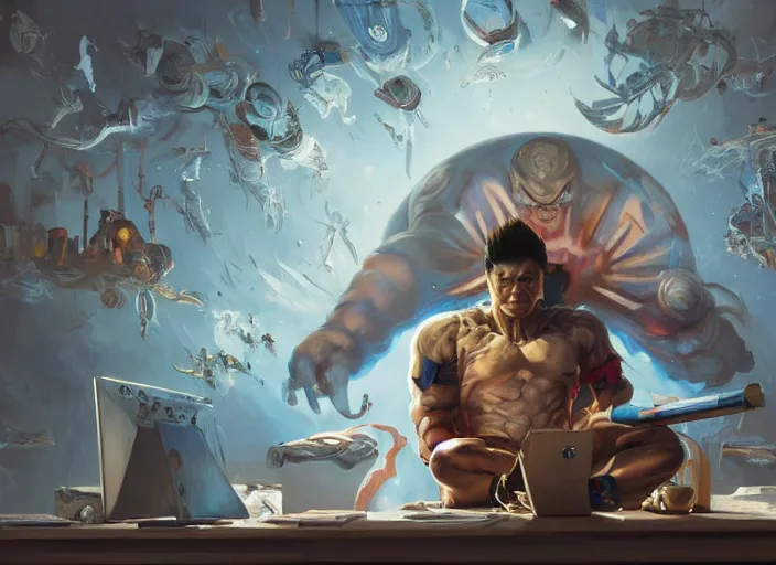 Image similar to an insanely detailed painting of an asian man wearing a homemade superhero costume, sitting at a desk, staring seriously at the computer and typing, in the style of peter mohrbacher, james jean, artgerm, dramatic lighting and composition, surreal background, octane render, pixar, trending on artstation, concept art, comic book, view from behind, 8 k