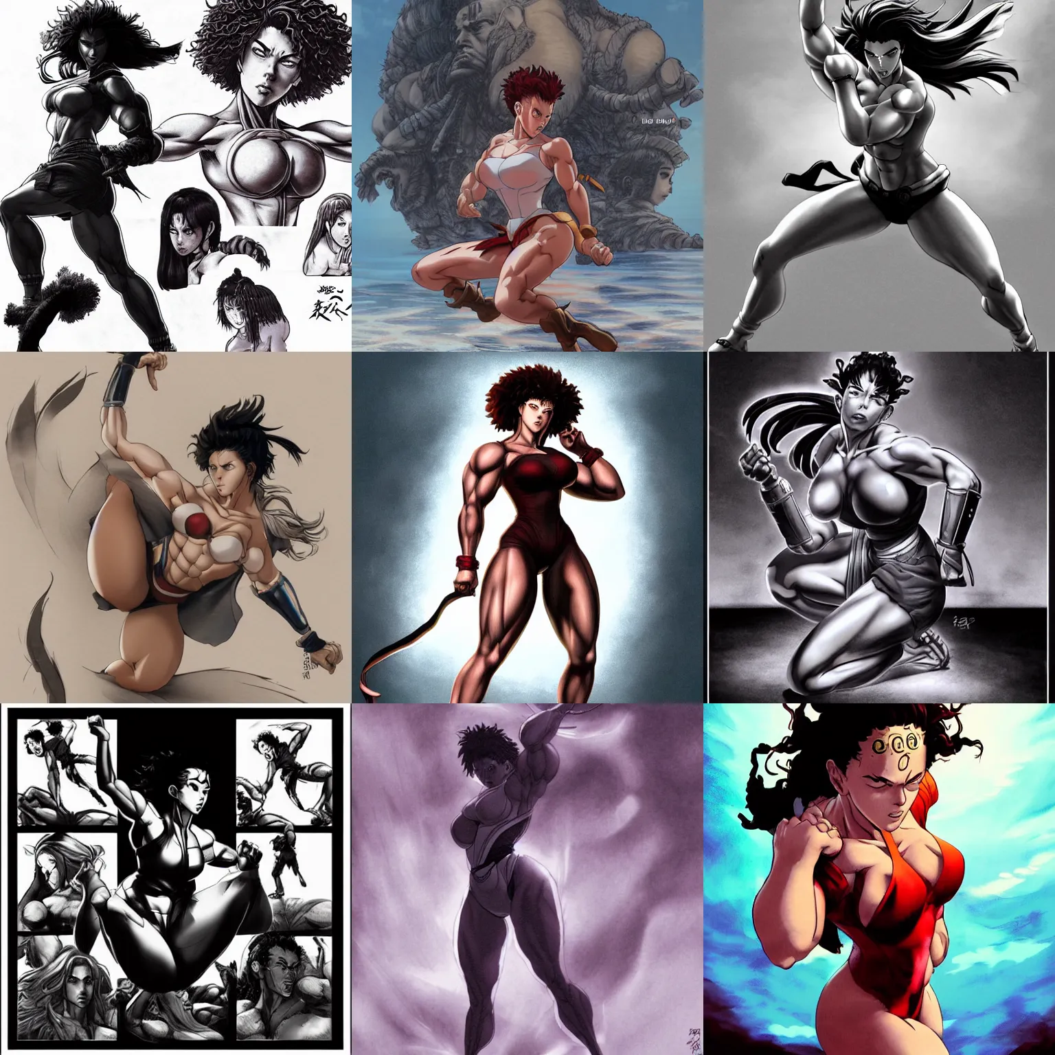 Prompt: most strongest pose, happy scarlett johansson as baki with perfect symmetrical anatomical proportions, chun li, battle angel manga, afro samurai animes style, by greg rutkowski, pencil and ink, dramatic lighting, full body dramatic profile, swim suite, at a tropical beach