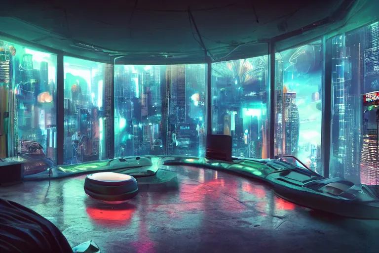 Image similar to a futuristic bedroom with large curved ceiling high windows looking out to a far future cyberpunk cityscape, cyberpunk neon lights, raining, scifi