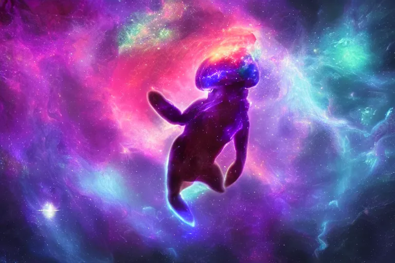 Prompt: a mystical cosmic bioluminescent space creature jumping through a space nebula leaving stardust trails behind, digital art, photorealistic