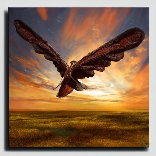 Image similar to a pancake with attached wings, flapping its wings flying in sunset sky, oil on canvas, portrait, intricate, 8k highly professionally detailed, HDR, CGsociety