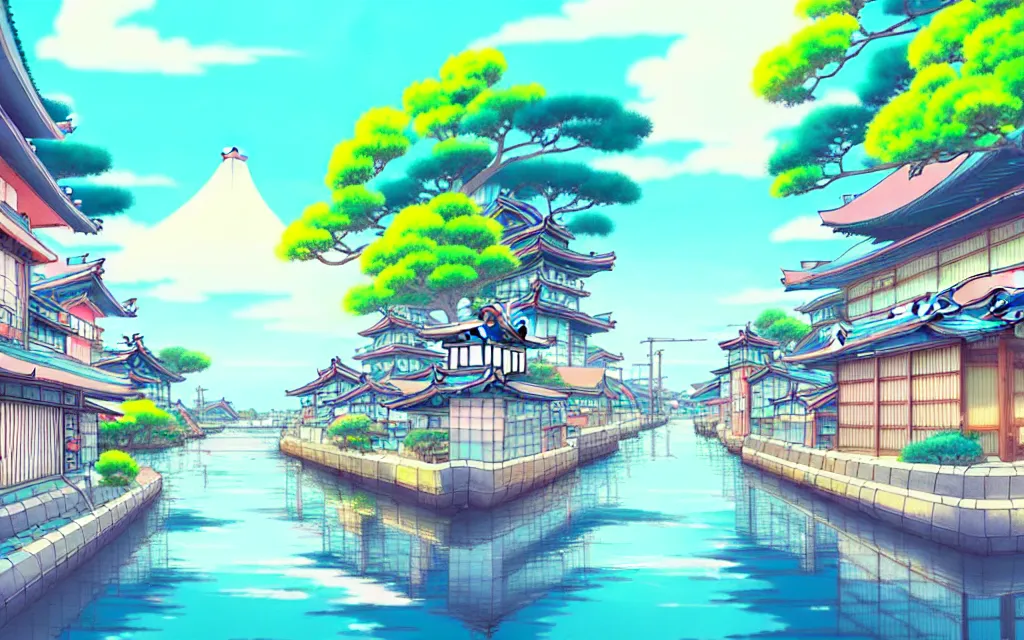 Image similar to a japanese city near the sea, lofi, dreamy, moody, very colorful, anime inspiration, ghibli vibe