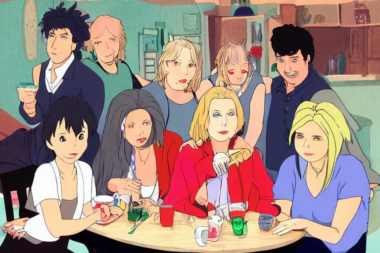 Image similar to Jennifer Saunders on the set of Friends by Studio Ghibli, digital art, illustration, cute