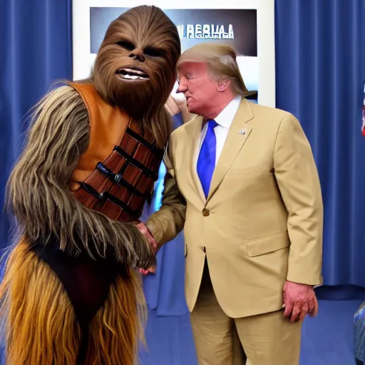 Image similar to high quality photo of chewbacca meeting the president of the united states of america , realism, 8k, award winning photo