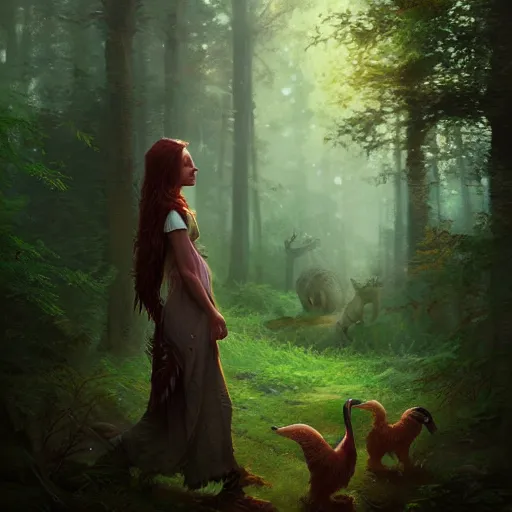 Image similar to a pretty female druid surrounded by forest animals, in the woods, hyper realistic, digital painting, photorealistic, in the style of greg rutkowski, highly detailed, cinematic