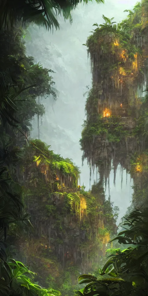 Prompt: realistic jungle fortress high in the mountains, lush jungle, in the style Jordan grimmer, trending on art station