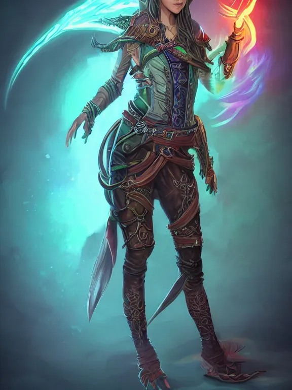 Image similar to full body front view portrait of a female elven pirate, character design, correct anatomy, concept art, digital illustration, ray tracing, ultra detailed, fantasy, neon lighting, intricate and highly detailed, coloured with lots of colour, pose, fantasy, sharp focus,