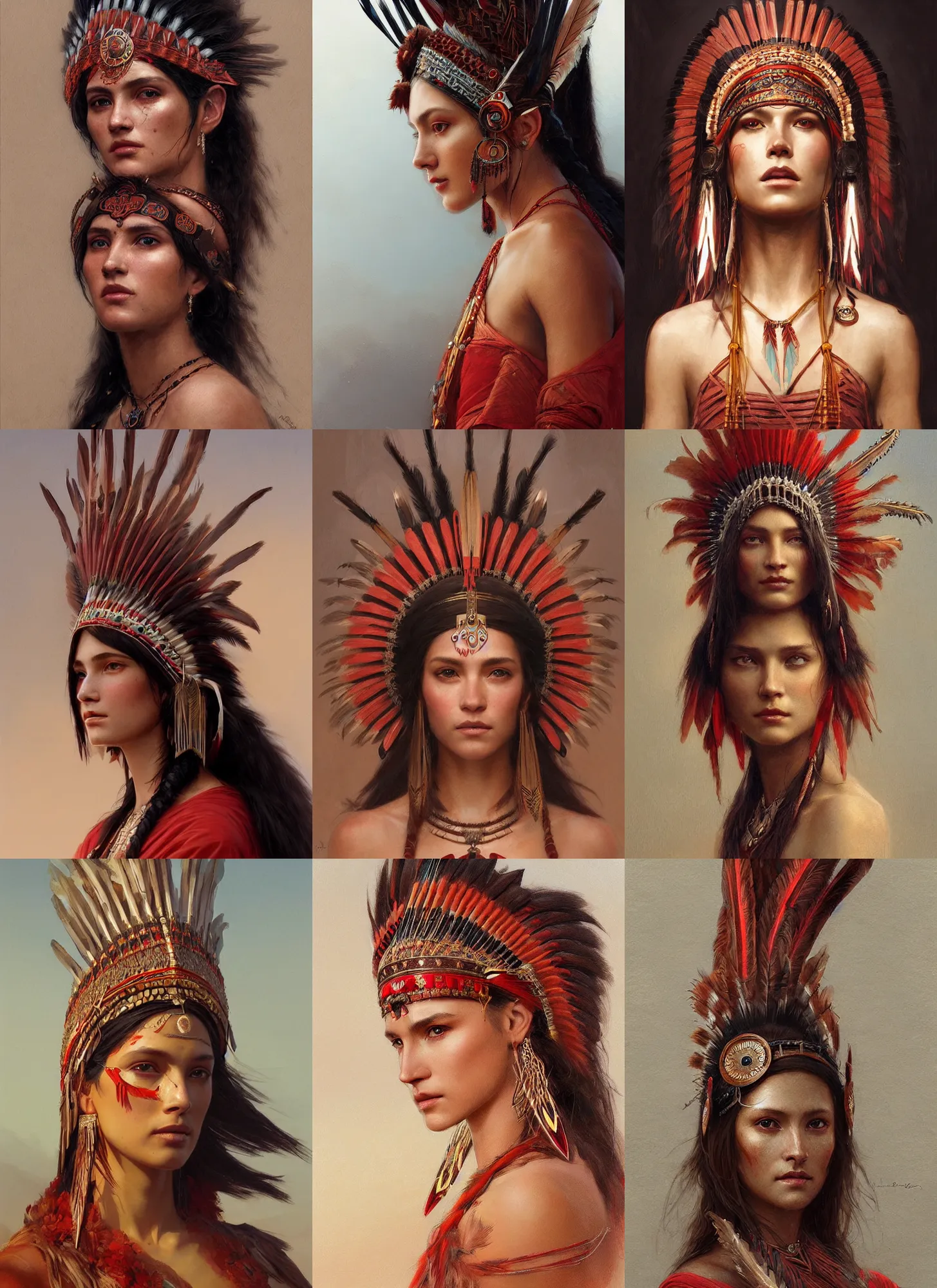 Image similar to gorgeous redskin woman wearing headdress, intricate, elegant, highly detailed, artstation, concept art, smooth, sharp focus, illustration, art by greg rutkowski and stefan kostic and bouguereau