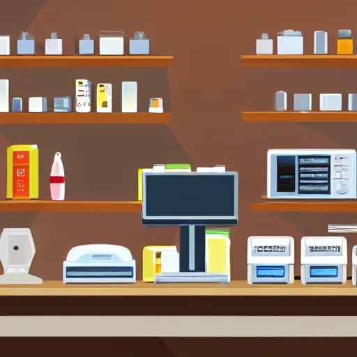 Prompt: cash register in front of a wall of electrical supplies and and food vector art