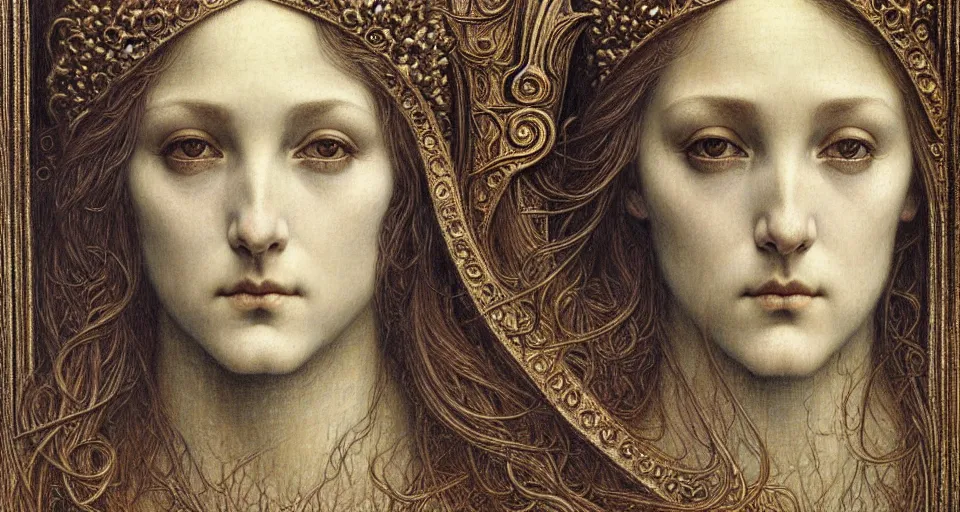 Image similar to detailed realistic beautiful young medieval queen face portrait by jean delville, gustave dore and marco mazzoni, art nouveau, symbolist, visionary, gothic, pre - raphaelite. horizontal symmetry