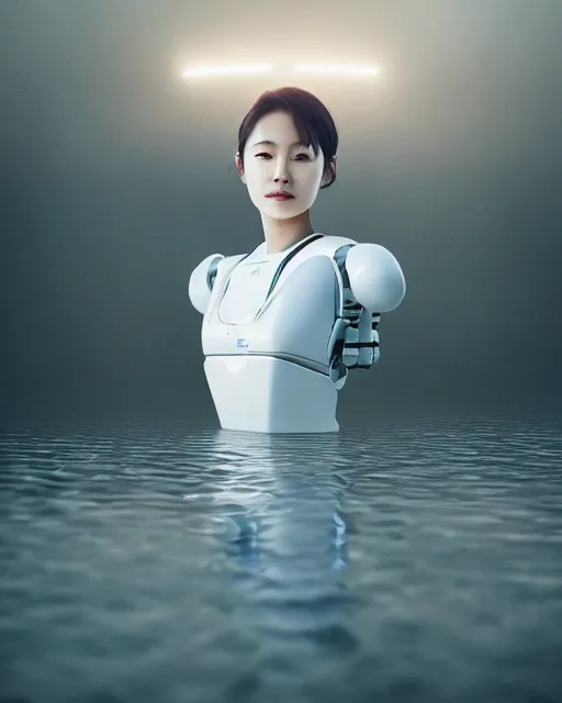 Image similar to beautiful centered photo portrait of hoyeon jung as a solarpunk robotic humanoid with white mechanical parts with bright halogen lights, walking through water, ultra - realistic and detailed, white background, sunset lighting, soft focus, slow exposure hdr 8 k