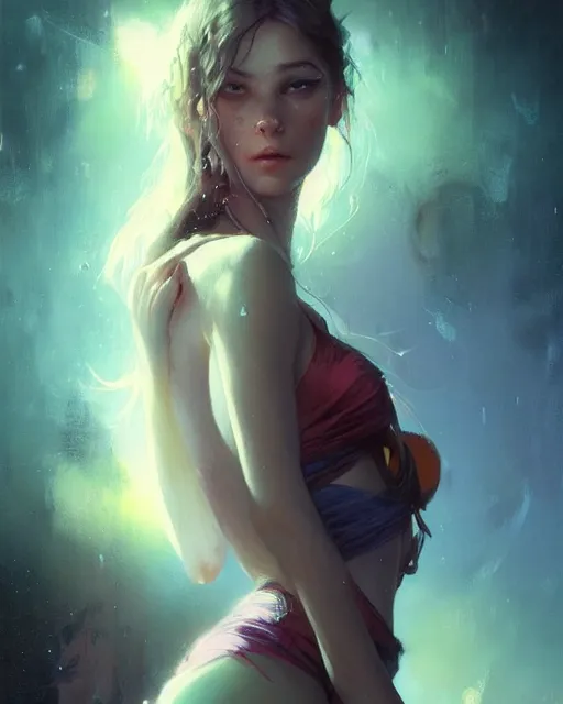 Image similar to girl portrait by greg rutkowski and charlie bowater, vivid, aesthetic, fine details, colorful swirly ripples, gaudy colors, luminescent, organic matte painting, realistic eyes, masterpiece, busy background, bokeh, depth of field
