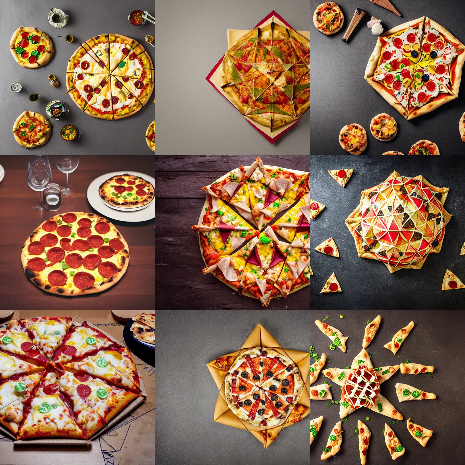 Prompt: a stellated dodecahedron made of pizza, on a table, professional food photography
