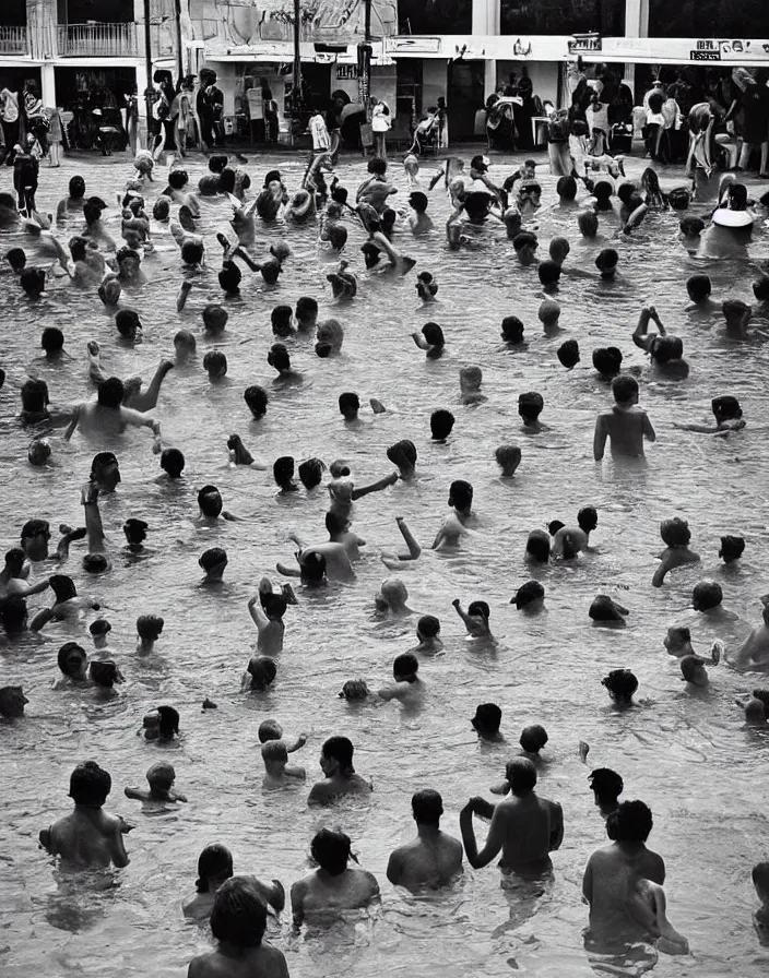 Prompt: “ a mob of angry people stuck in a small square swimming pool ”