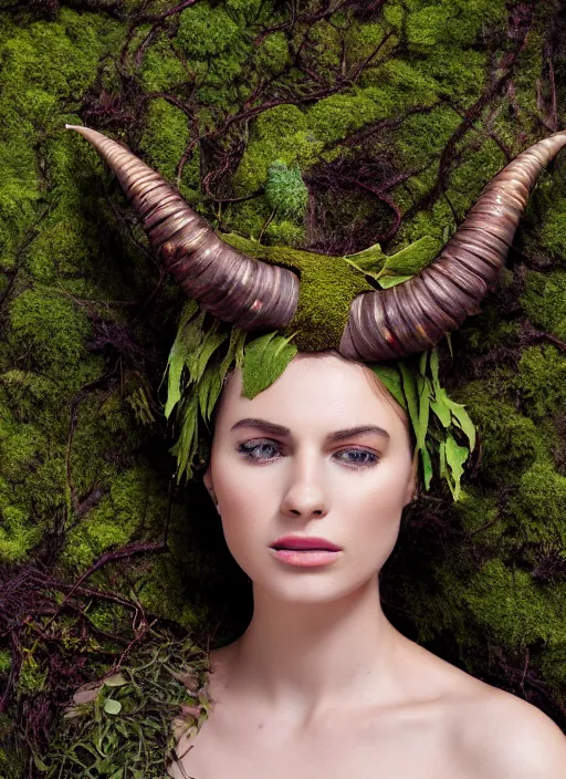 Image similar to a photo of a female model, organic headpiece, fern, vines, horn, moss, fashion photography, realistic, hyperdetails, dark grey backdrop studio, body covered in moss and tree bark texture