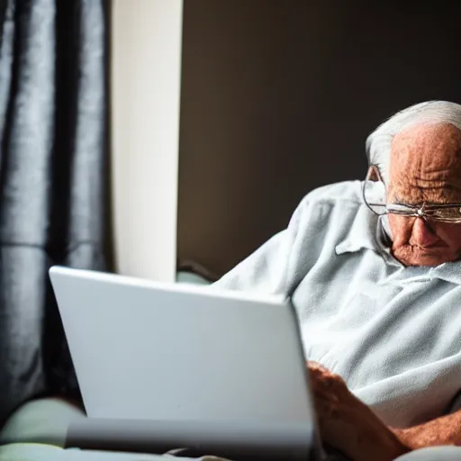 Prompt: elderly man sitting inside a casket browsing internet on laptop from a casket casket