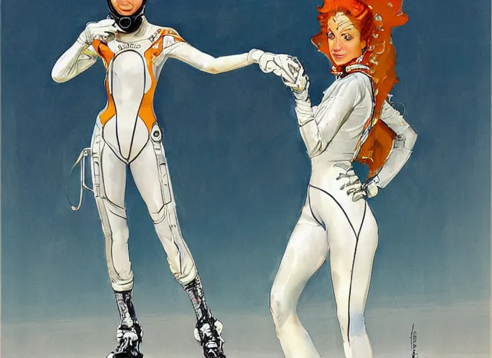 Prompt: a copic maker art nouveau illustration of a high speed ice skater girl wearing an eva pilot suit designed by balenciaga by john berkey, norman rockwell