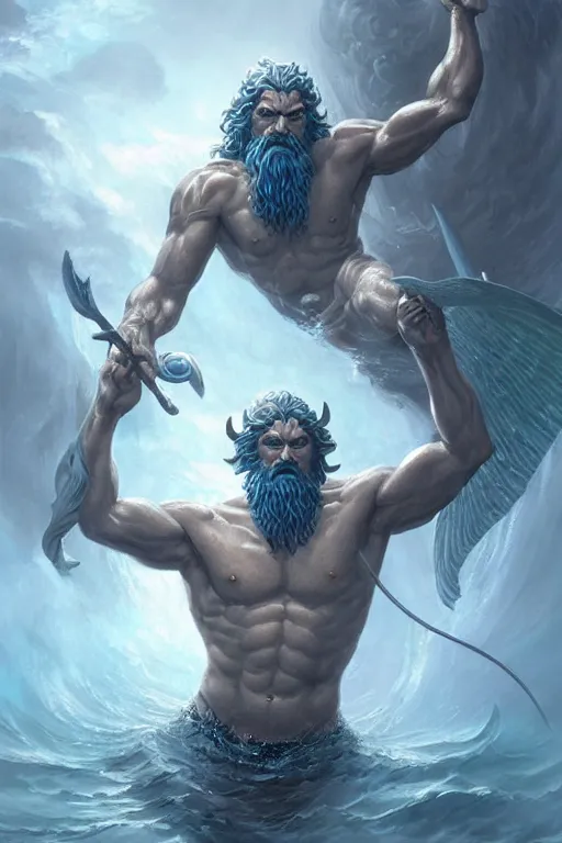 Image similar to poseidon humanoid god of the sea, trident, highly detailed, d & d, fantasy, highly detailed, digital painting, trending on artstation, concept art, sharp focus, illustration, art by artgerm and greg rutkowski and magali villeneuve