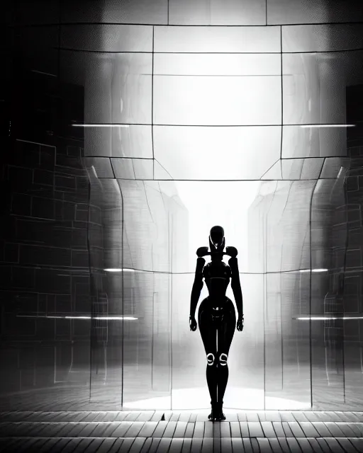 Prompt: black and white high quality photo of a beautiful futuristic female posthuman-cyborg looking into a sci-fi mirror, volumetric lighting, liminal space, brutalism, foggy, dreamy, hyperdetailed, bokeh, photorealistic, cinematic, masterpiece, Metropolis, elegant, dark, octane render, 8K, in the style of Dora Maar and Man Ray