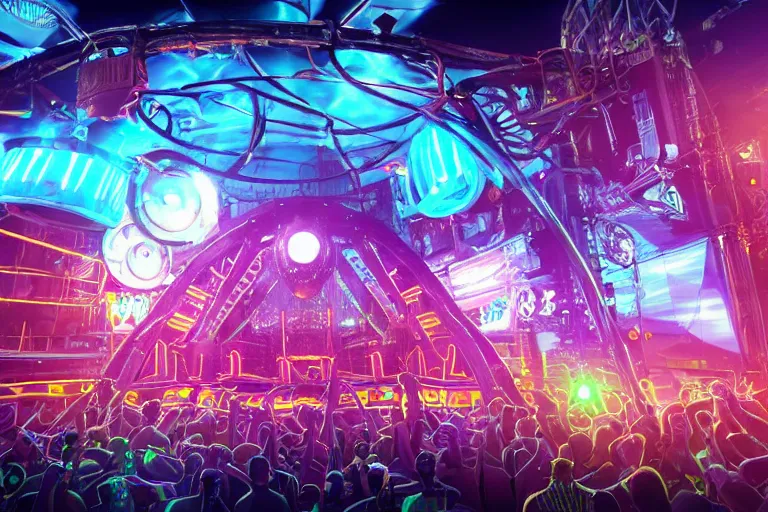 Image similar to an outdoor festival stage with audience, neon letters tripmachine, center of the stage is a big futuristic steampunk machine with gears and belts and tubes, surrounded by big loudspeakers, rock musicians on the stage, laser show, 8 k, fluorescent colors, halluzinogenic, multicolored, exaggerated detailed, unreal engine
