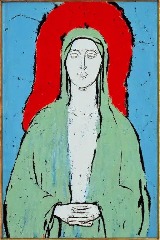 Image similar to virgin mary of lourdes painted by cy twombly and andy warhol