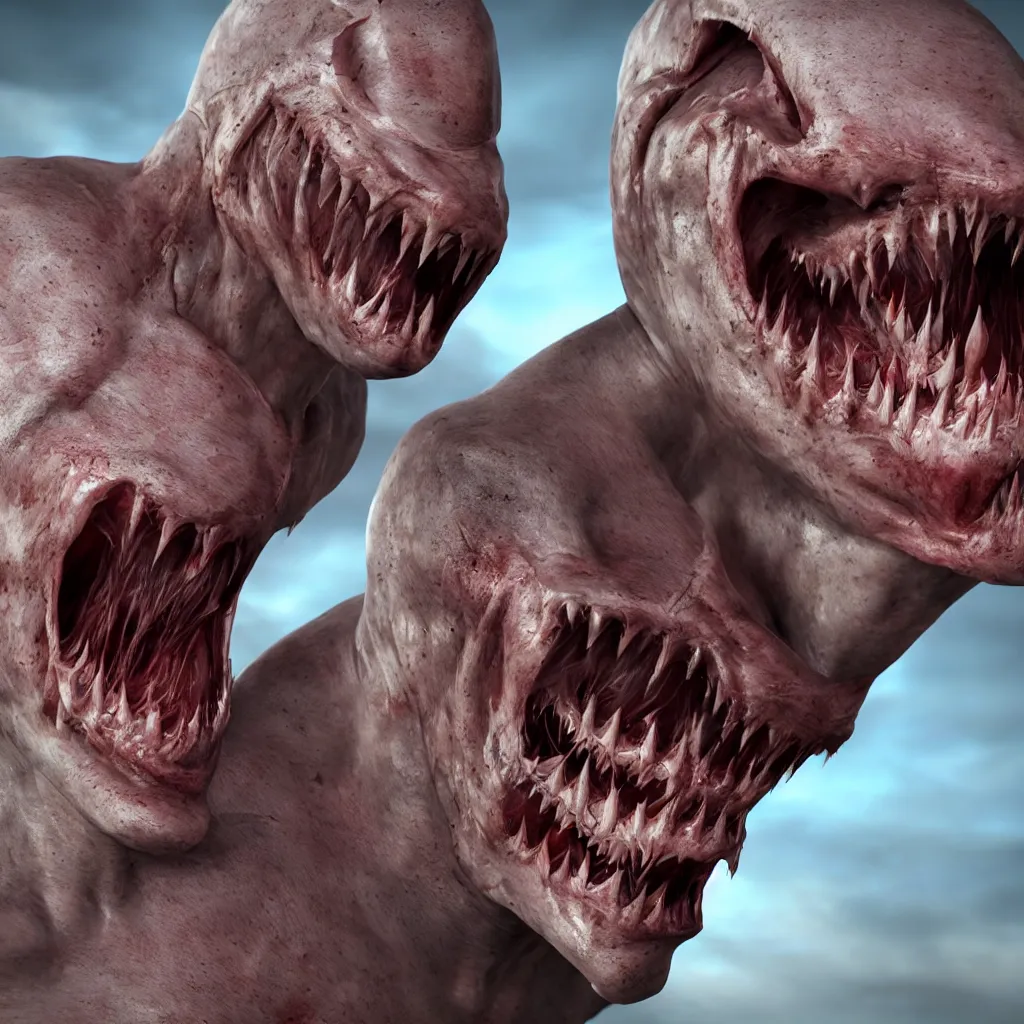 Image similar to A human with shark head made of muscles and flesh, very angry, teeth, ambient light, terror, glows, realistic, photo-realism, hyper realism, picture, detailed, 3D render, scary, distant shot, in the distance,
