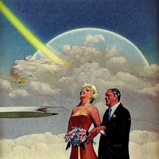 Image similar to i wouldn't marry you if you were the last man on earth!, apocalypse wedding, crying sad miserable unhappy bride, laughing groom, doomsday, radiation, nuclear holocaust by robert mcginnis and chesley bonestell