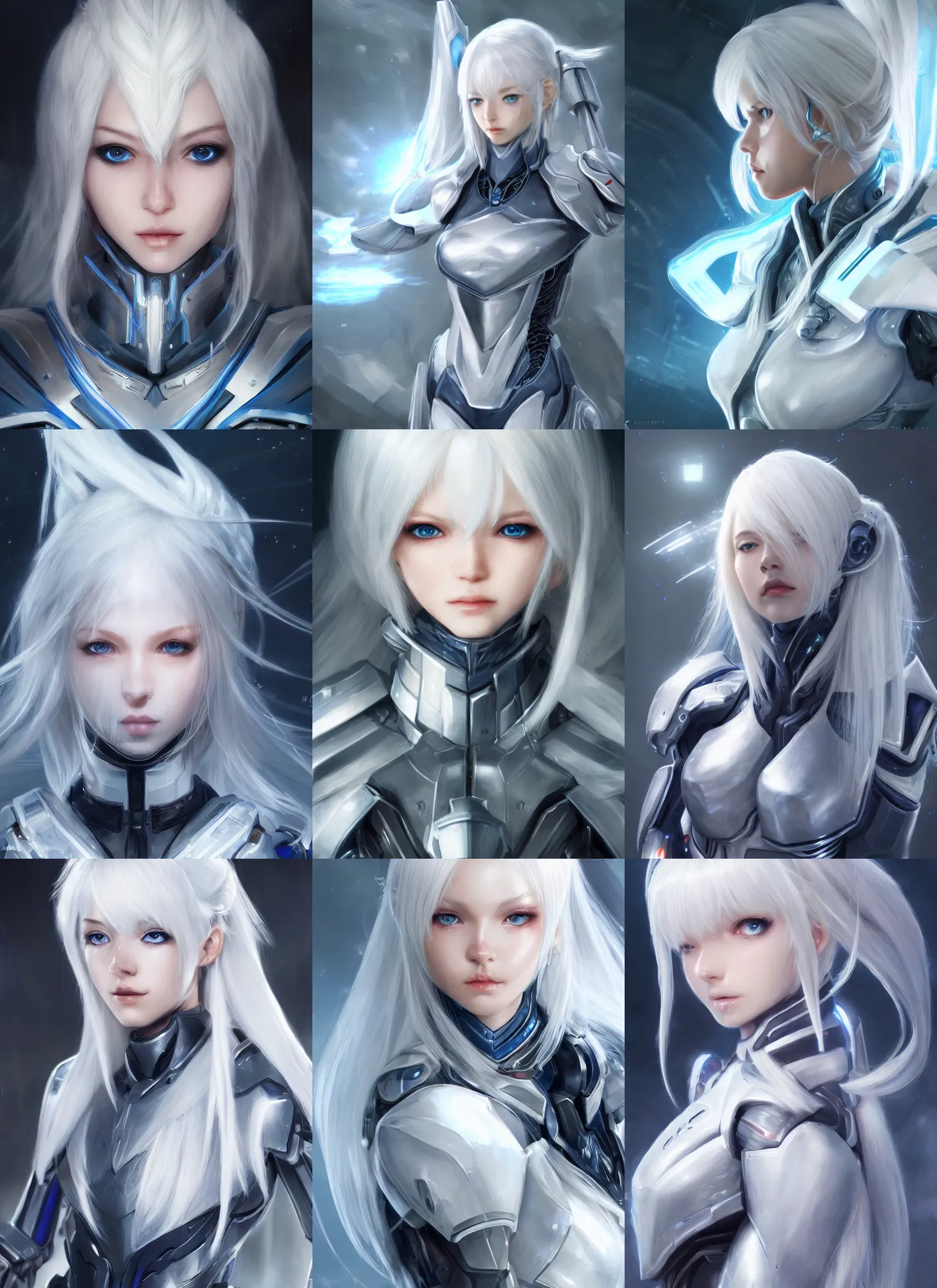 Prompt: detailed portrait of perfect white haired girl, android, warframe armor, beautiful, pretty face, blue cyborg eyes, innocent, scifi, 4 k, sun yunjoo, ultra realistic, aura of light, cinematic lighting, highly detailed, sharp focus, artstation, masterpiece, art by hyungjin yang and akihiko yoshida