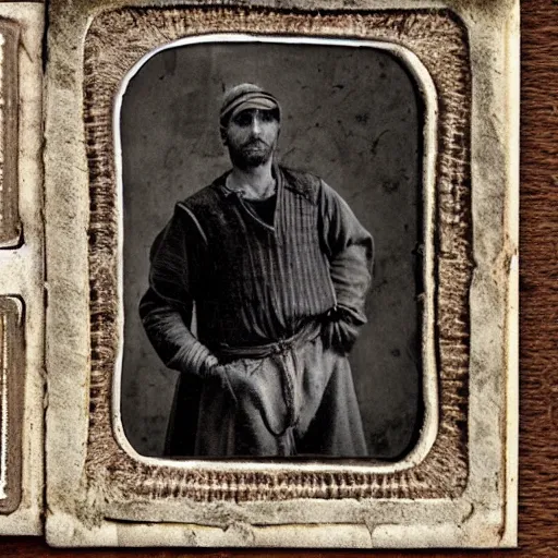 Image similar to Rustic farmer, Italian farmer, medieval farmer, tintype photograph, 1200 AD, medieval photograph