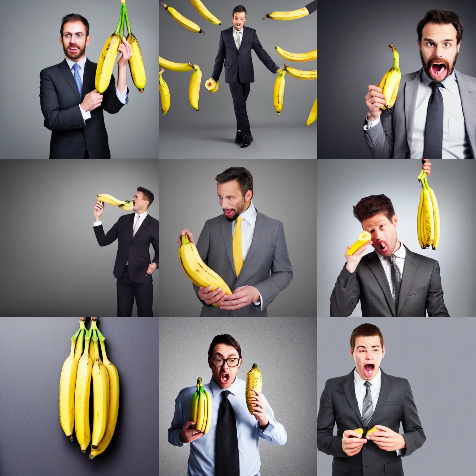 Prompt: a stock photo of a man in an office suit being scared of a new type of banana. banana is hanging from the ceiling, man is backing away from it. dark grey background, professional stock footage, studio lighting, 4 k