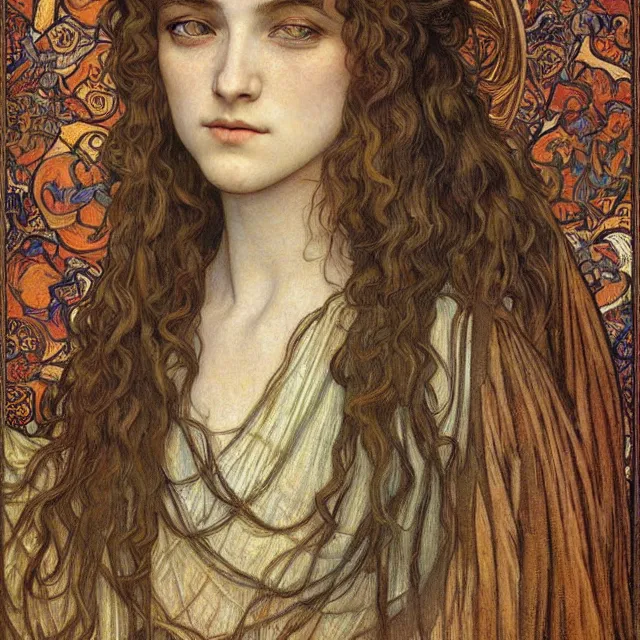 Image similar to detailed realistic beautiful young medieval queen face portrait by jean delville, alphonse mucha, vincent van gogh, and marco mazzoni, art nouveau, symbolist, visionary, gothic, pre - raphaelite